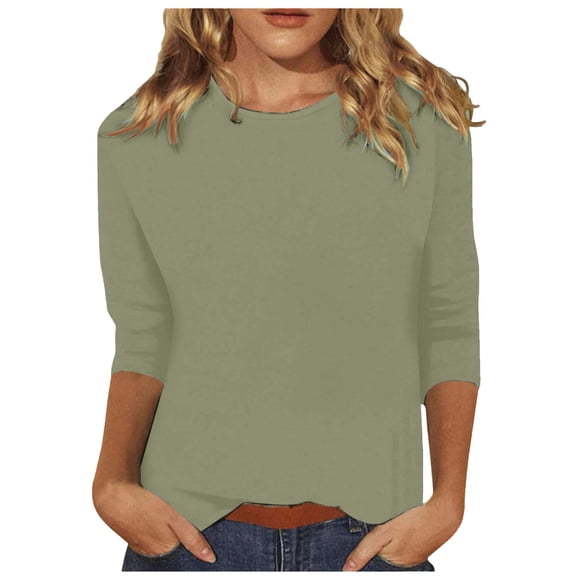Womens Tops T Shirts 3/4 Length Sleeve Casual Loose Fit Crewneck Cute Solid Tunic Fall Clothes for Women Tees Blouses Green Size L