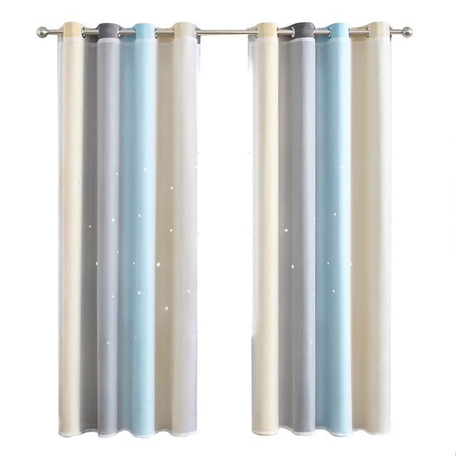 Amdohai 2pc Curtain Simple Gradient Hollow-out Star Pattern Double Layer Blackout Bedroom Living Room Insulation Curtain