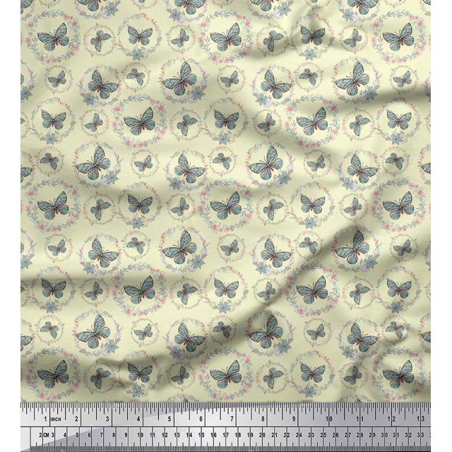 Soimoi Yellow Velvet Fabric Wreath & Butterfly Printed Fabric 1 Yard 58 Inch Wide