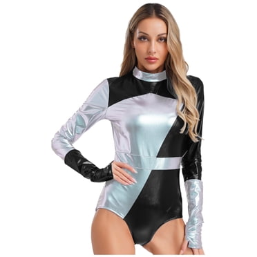 Jowowha Womens Shiny Metallic Bodysuit Stand Collar Halloween Cosplay Jumpsuit with Arm Sleeves Silver M