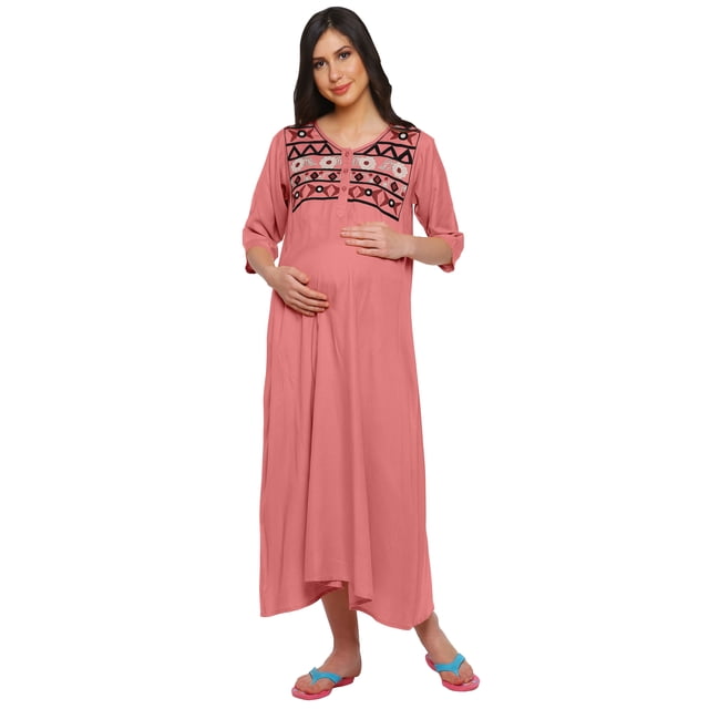 Moomaya Womens Embroidered Round Neck Rayon Slub Long Maxi Maternity Dress