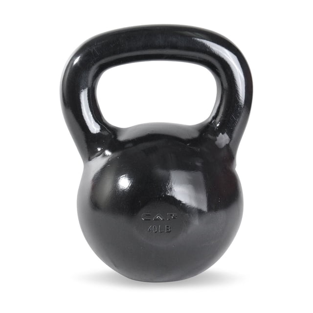 CAP Barbell Cast Iron Kettlebell, 40 lbs, front-facing solid cast iron weight with black enamel finish and wide handle for secure grip, ideal for strength training, swings, squats, and full body workouts.