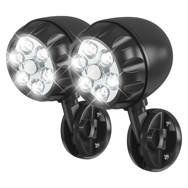 Battery Motion Sensor Light Outdoor Battery Operated Motion Lights Outdoor 6 LEDs - 6000K Auto on Off 2Pack in black. Features 600 lumens brightness, 6 LEDs, and 6000K color temperature for optimal visibility. Motion detection up to 5 meters with a 120° horizontal and 100° vertical range. IP65 waterproof with a 360° adjustable light and 150° rotating arm for versatile outdoor use. Includes two lights with easy mounting and battery replacement.