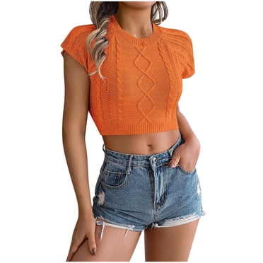 Dealovy Sweaters for Women Short Sleeve Knit Crop Top Crew Neck Solid Pullover Top Slim Fitted Going out Tops