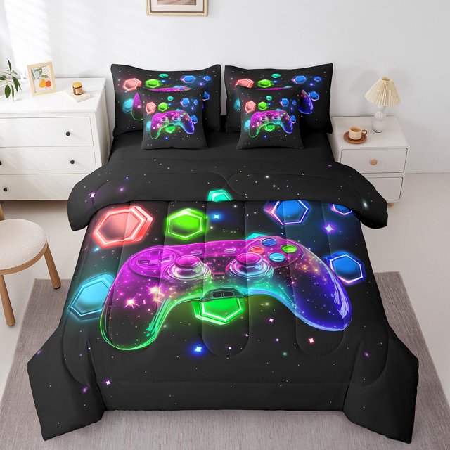 YST Modern Gamer 7Pcs Comforter Set Queen for Boys,3D Gaming Bedding Set,Gamepad Game Controller Bed In A Bag,Purple Gradient Game Sheet Set Colorful Hexagonal Home Room Decor Bed Set