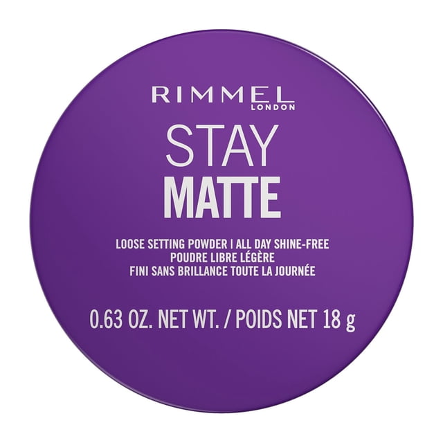 Rimmel Stay Matte Loose Powder in a round purple container with white text, a lightweight loose setting powder offering all day shine-free matte finish, net weight 0.63 oz (18 g), ideal for setting makeup and minimizing shine.