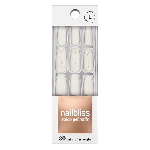 DASHING DIVA - GEL NAIL - MARBLELOUS MAIDEN avec 30 Longues, Grandes Ongles en GEL au design Marbre Blanc avec de Subtiles Taches Dorées, Présentés dans un Plateau en Plastique Transparent Emballage Étiquette nailbliss Ongles en GEL de salon, Offrant Résistance aux Éclats, Résistant à l'Eau et application Facile.