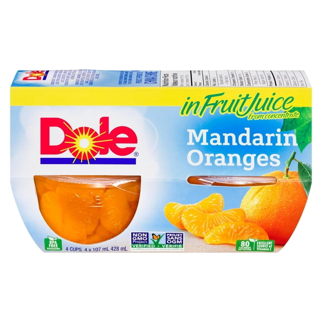 Dole Mandarin Oranges Fruit Juice pack containing four 107 ml cups of mandarin orange segments in juice from concentrate with BPA-free packaging and Non-GMO Project Verified labels, suitable for kids lunchboxes or family snacks.