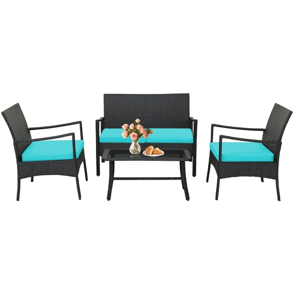 Patiojoy 4PCS Patio Wicker Furniture Set PE Wicker Furniture Conversation Set Rattan Sofa Chair with Cushions Tempered Glass Coffee Table