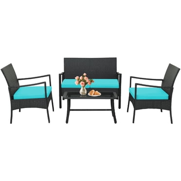 Patiojoy Ensemble de Meubles en Osier pour Patio 4 Pcs Ensemble de Conversation en Osier PE Canapé et Fauteuil en Rotin avec Coussins Table Basse en Verre Trempé