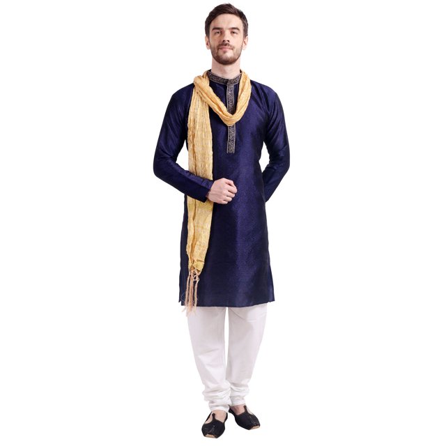 Tenue de Fête de Mariage Indienne Kurta Pyjama pour Homme avec Foulard (Bleu, TTG)