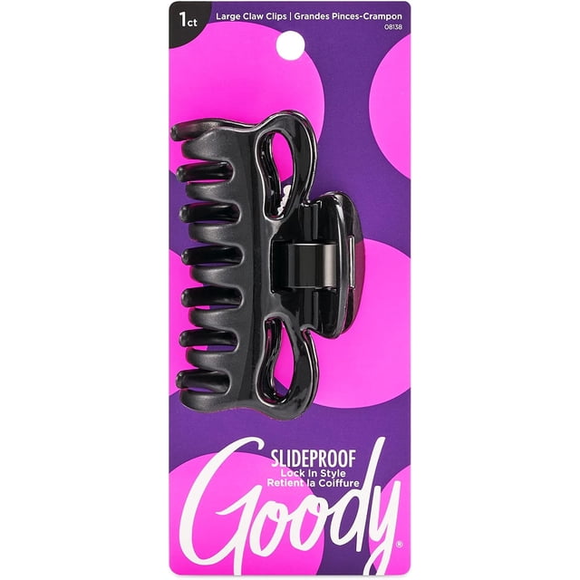 Goody Ouchless Flexible No Metal Large Bowtie Claw Clip, 1 piece. A black, slideproof large claw clip with a bowtie design, designed for all-day hold and quick styling. Packaged on a purple and pink card with Goody branding.
