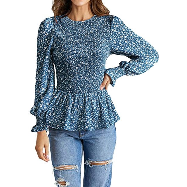 Blouse à Col Ras du Cou pour Femmes, Smockée, Manches Longues, Florale, Froncée, à Volants, Haut Péplum