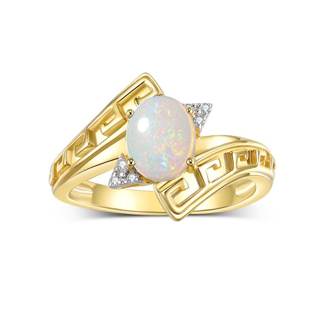 RYLOS Rings for Women 14K Yellow Gold Greek Key Designer Ring 9X7MM Gemstone & Diamond Ring October Opal Jewelry Size 8