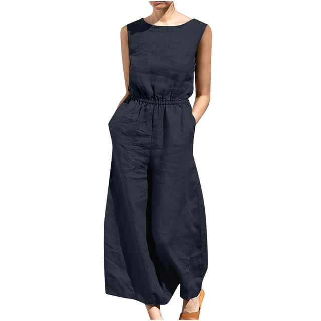 Yuyuzo Women Cotton Linen Jumpsuits Summer One-Piece Outfits Short Sleeve Wide Leg Long Pants Rompers