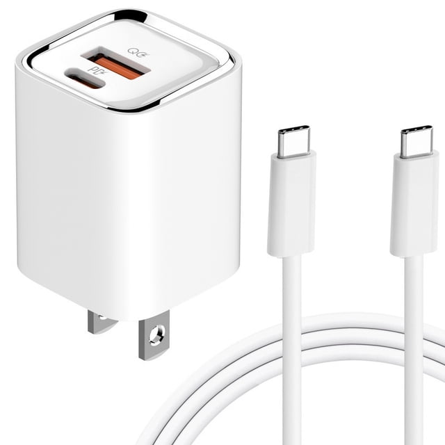 axGear 30W USB-C USB Type C Fast Charger Wall Plug PD QC 3.0 Adapter Quick Charging 2 Port. A compact white wall charger with a US plug, featuring dual ports: one USB-C and one USB-A with PD and QC 3.0 fast charging technology. Includes intelligent power allocation for simultaneous high-speed charging of two devices. Shown with two USB-C cables.