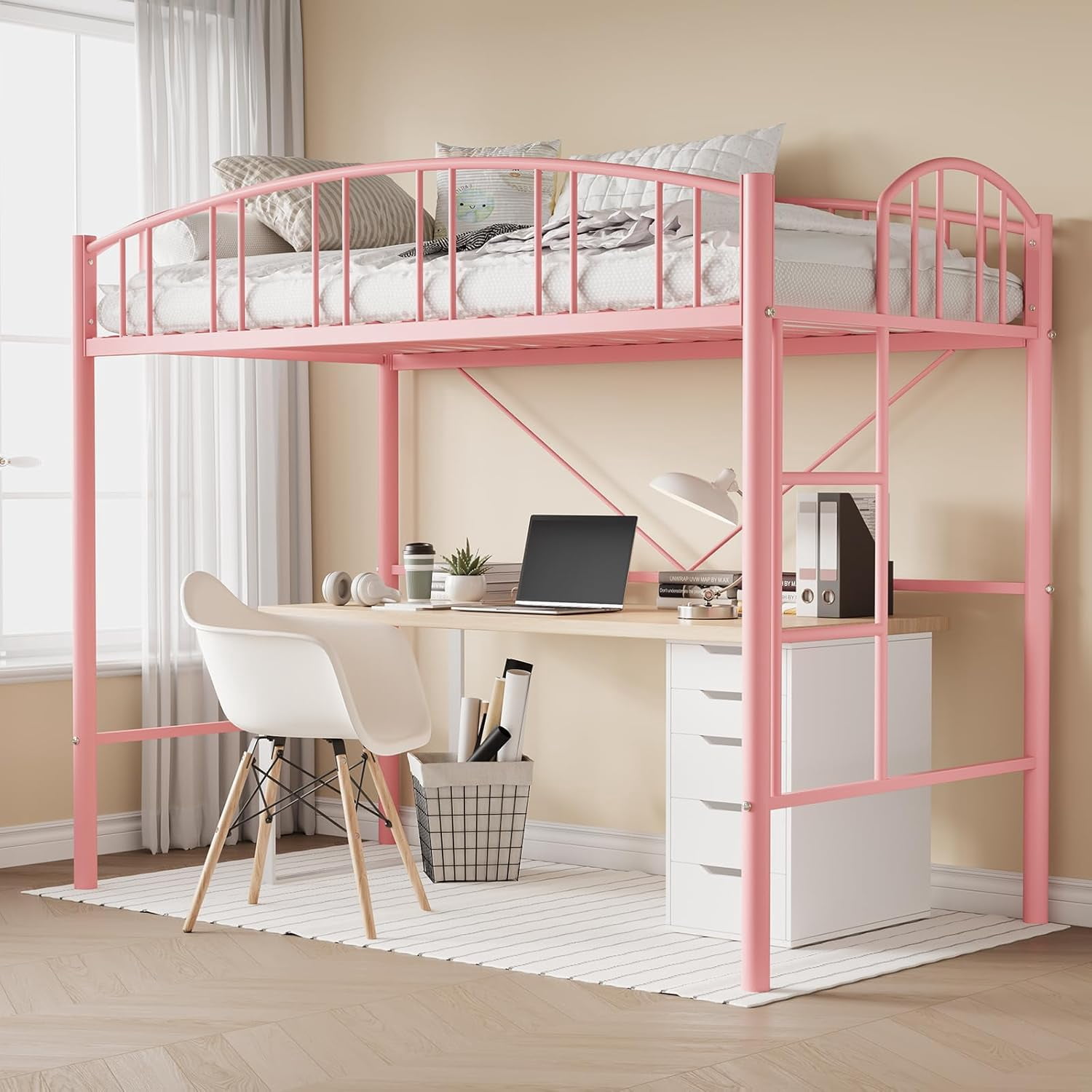 Loft Bed Twin Size with Ladde and Arched Guardrail, Heavy Duty Metal Loft Bed Frame for Kids and Adults, Sturdy Steel Slats Support, Small Space Saving Design, No Box Spring Needed, Pink