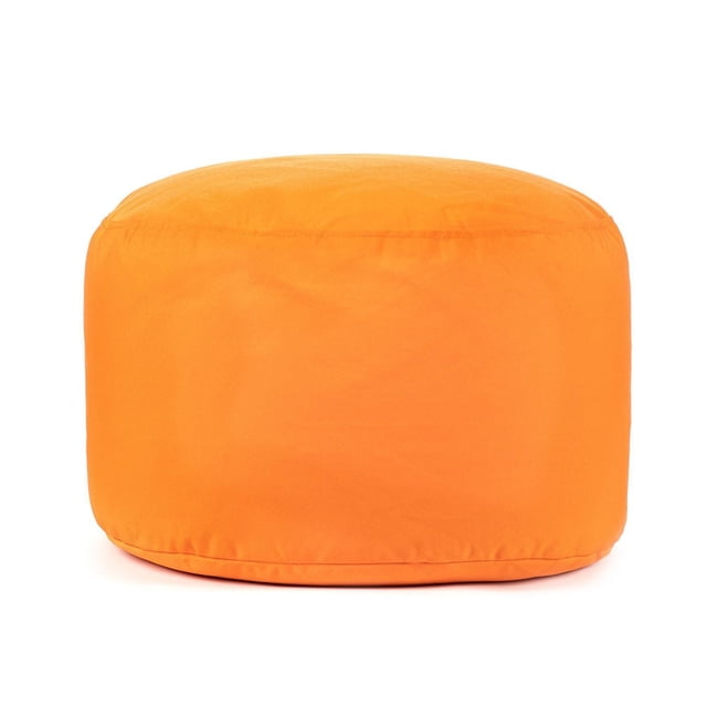 Gouchee Home Soleil Indoor/Outdoor Ottoman in bright orange, round pouf with water-repellent olefin fabric and smooth texture, filled with polystyrene beads, compact and lightweight for kids' bean bag chair or footrest use.