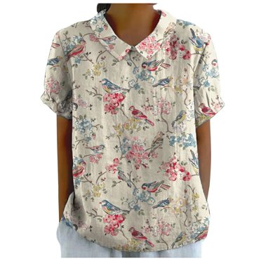 TSADFHJI Hauts de Noël Élégants pour Femmes Été Dames Élégant Col Rond Chemise en Lin Imprimée Ample Chandail Vintage Décontracté T-Shirt m Beige