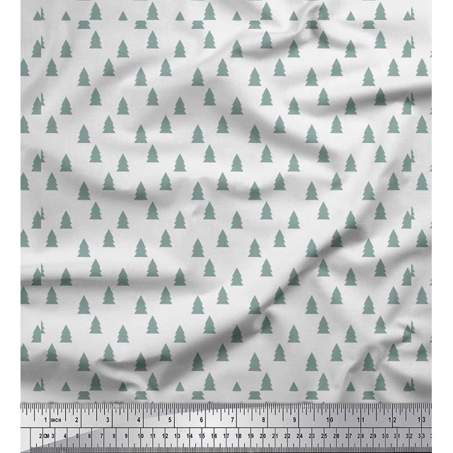 Soimoi White polyester Crepe Fabric Christmas Tree Print Fabric by the Yard 52 Inch Wide