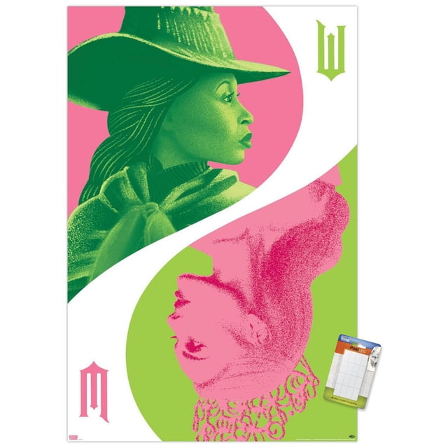 Wicked - Reflection Wall Poster with Push Pins, 22.375" x 34", featuring a split design with a green witch wearing a hat and cloak on a pink background, and an upside-down pink profile of a woman with curly hair on a green background, separated by a white curved line, with stylized green and pink 'W' and 'M' letters in the corners, ideal for bedroom or office wall decor.