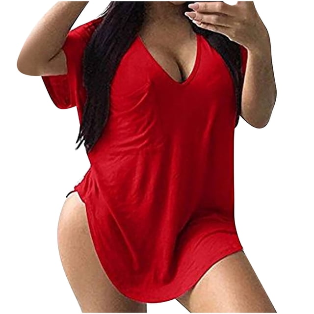 Yuyuzo Plus Size Tops for Women Oversized T Shirts Short Sleeve Shirts Deep V Neck Loose Fitted Tees Solid Color
