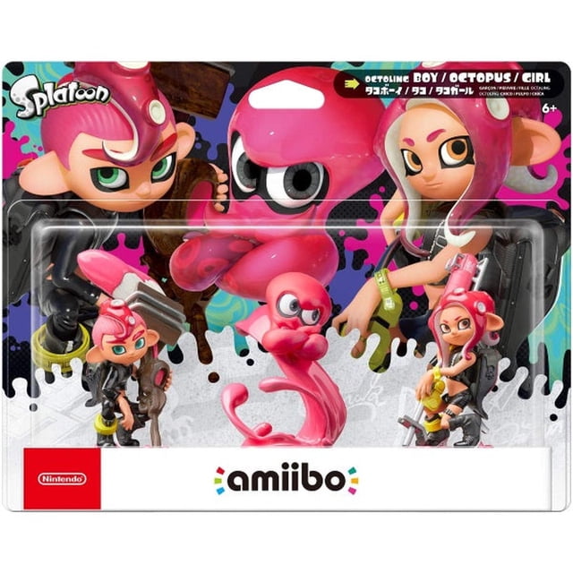 Octoling Boy + Octopus + Girl Amiibo 3-Pack from the Splatoon Series by Nintendo. The packaging showcases three detailed figures: the Octoling Boy with a pink hairstyle and weapon, the Octopus in a dynamic pose, and the Octoling Girl with vibrant pink accents. The background features a colourful Splatoon-themed design with paint splatters. Compatible with Wii U, Nintendo Switch, and New Nintendo 3DS XL for interactive gameplay.