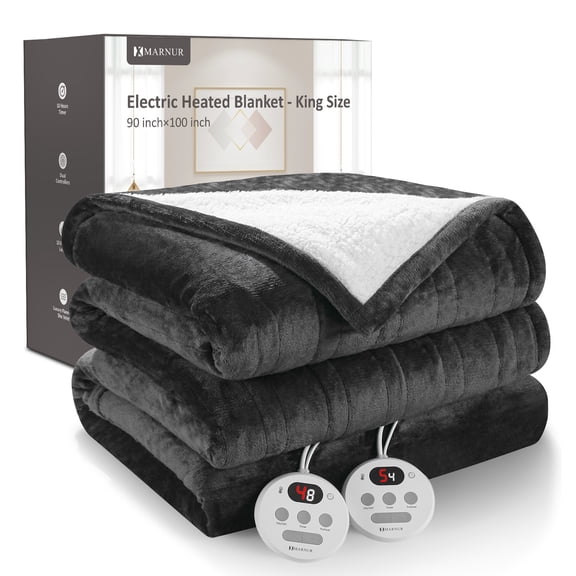 MARNUR Couverture Chauffante Électrique Grand Lit 90 Pieds'x100 Pieds', Chauffage Rapide avec Deux Contrôleurs, 10 Niveaux de Chauffage, Minuteries 10 H, Fonction de Préchauffage - Gris Foncé