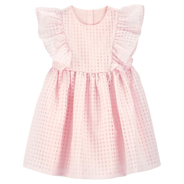 Carter's Child of Mine TG Robe - Rose Uni, une Robe de Printemps pour Tout-Petit à Coupe Décontractée en Tissu Doux à Carreaux Rose. Elle Présente des Épaules à Volants et une Jupe Froncée, Convient pour les Fêtes, les Célébrations et les Séances Photo.