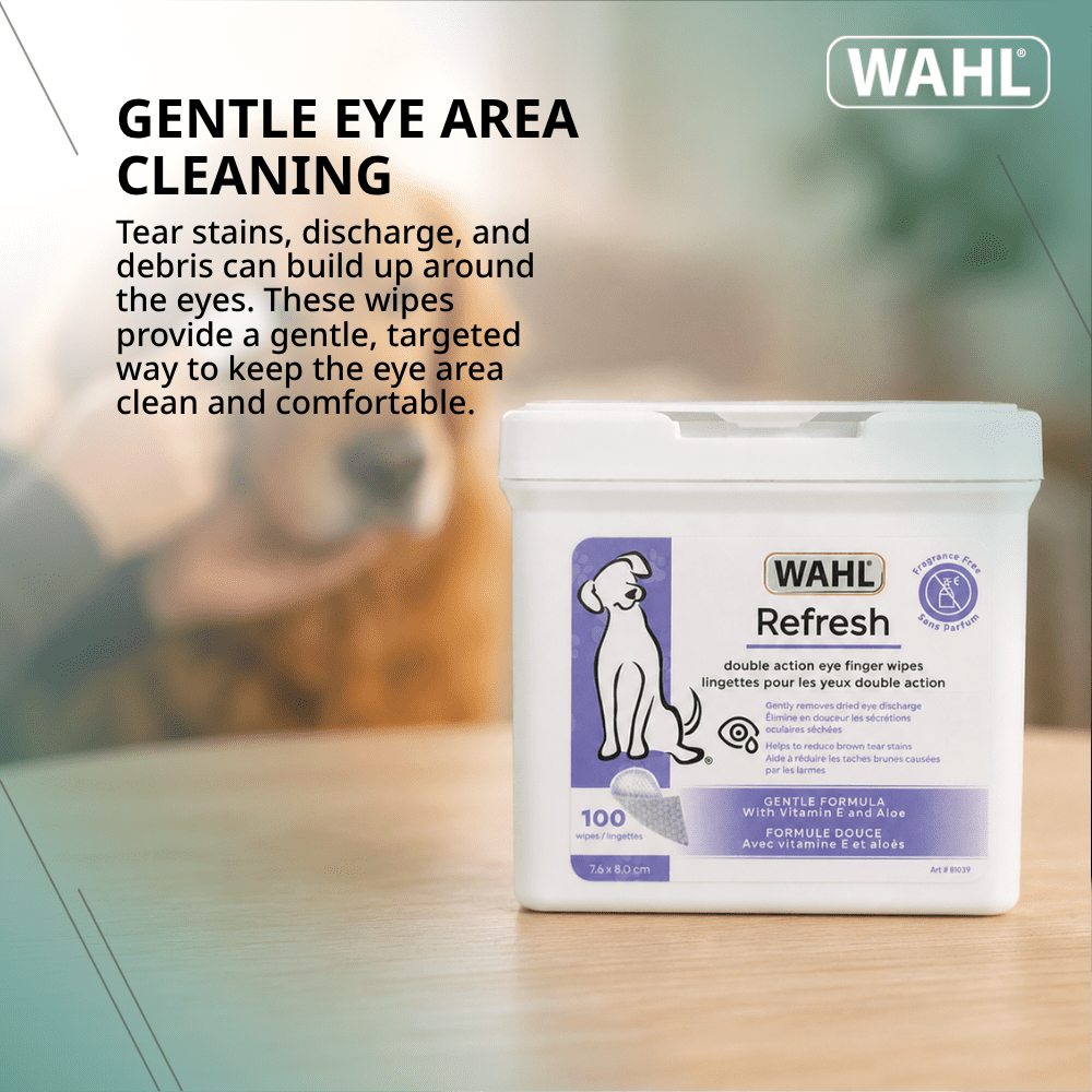 Wahl Refresh Eye Care Finger Wipes for Dogs – Dual-Sided Silicone & Soft Pearl Textures Remove Tear Stains & Debris, Fragrance-Free with Vitamin E & Aloe, Model-58557