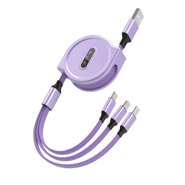Apple/Android/Type-C Charging Cable 3 in 1 Retractable Data Cable in purple color. Features a compact retractable design with three connectors: Lightning, Micro USB, and USB Type-C, suitable for charging multiple devices simultaneously. Made of TPE material with a 1m length and 2.4A max current for fast charging. Compatible with iOS, Android, and Type-C devices.