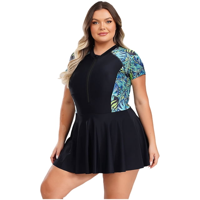 Xnihocha Maillot anti-UV pour Femmes Grande Taille, une Pièce, Imprimé Tropical, Robe de Bain Rembourrée, Maillot de Bain de Plage Noir Vert 4TG