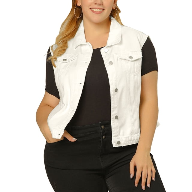 GRACE & GRANDEUR Women's Plus Jeans Jacket Vest Fall Button Down Denim Jacket White 2X