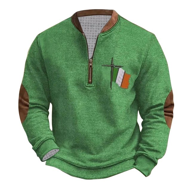 Penkiiy St Patricks Day Shamrock Patch Chest Print 1/4 Zip Sweatshirt XL Multicolor