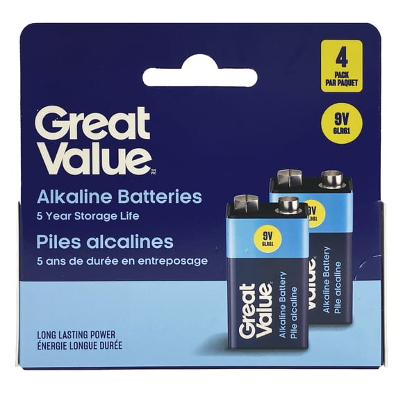 Great Value 9V 6LR61 Alkaline Batteries 4 Pack
