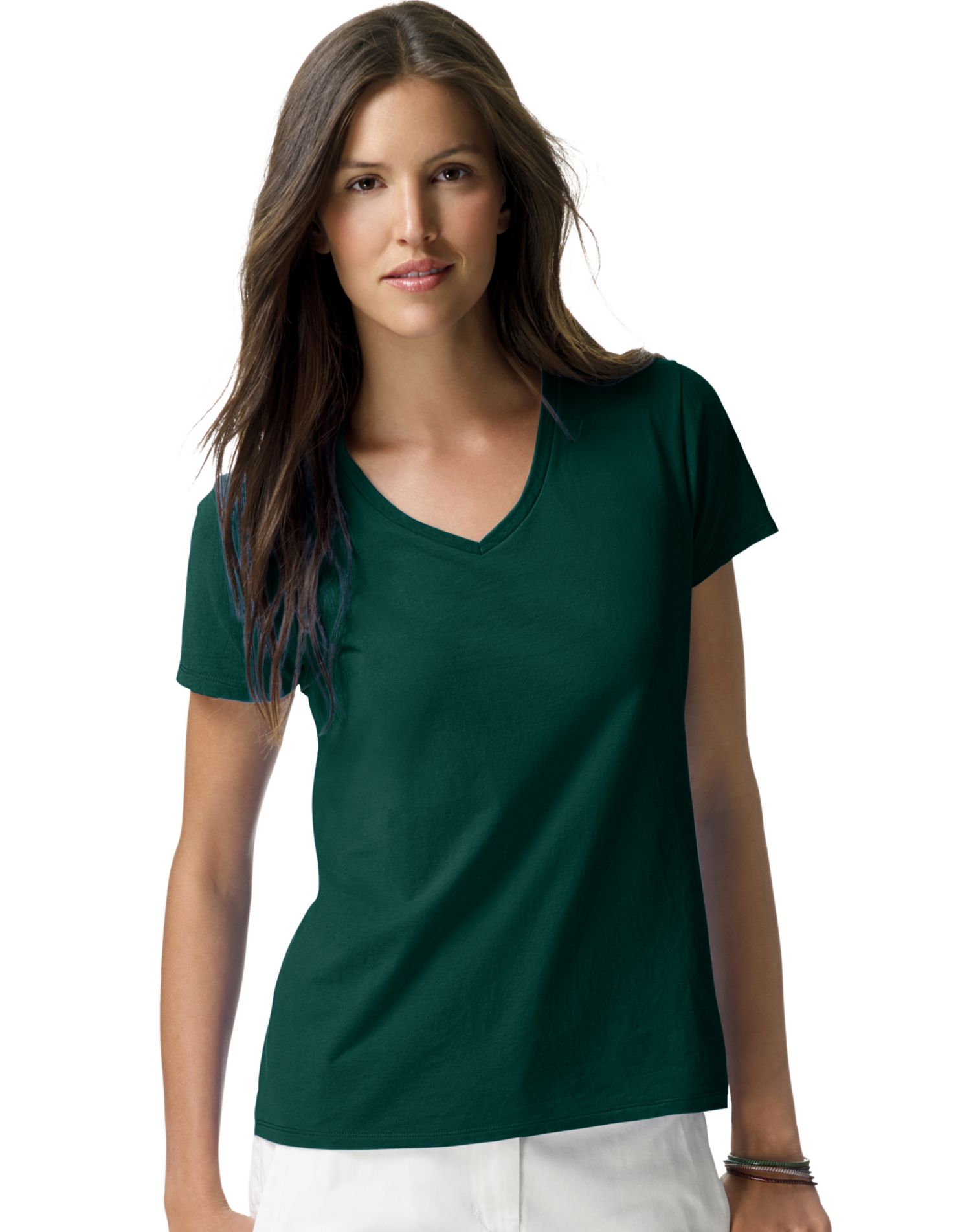 Hanes Womens Nano-T V-Neck T-Shirt, XS, Deep Forest