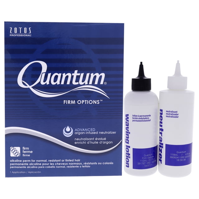 Quantum Firm Options Alcalin Permanent par Zotos pour Unisexe - 1 Traitement d'Application. l'Image Montre une Trousse de Permanente pour la Maison Incluant une Boîte Bleue Étiquetée « Quantum Firm Options » avec Neutralisant Avancé Infusé d'Argan et Deux Bouteilles : l'Une « lotion Ondulante » Étiquetée et l'Autre « Neutralisant ». Convient aux Cheveux Normaux, Résistants Ou Teintés.