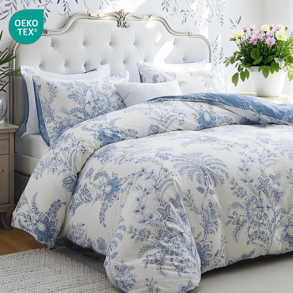 JOLUSERE Duvet Cover Queen Size,3 Pieces Botanical Floral Leaf Reversible Bedding Set,Light Blue White