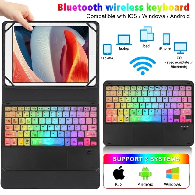 Graflsoa Universal Bluetooth Keyboard Case for 9-11 Inch Tablets with RGB Backlit Touchpad and Durable ABS Plastic Design