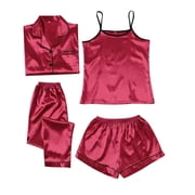 Women's Ice Silk Pajama Cotton Pajamas Pajama for Women Long Sleeve Set Fashion Home Wear Body Aware Satin Sleep Wear for Women Comfortable Sleepwear Four Piece Women plusajamas Set Satin