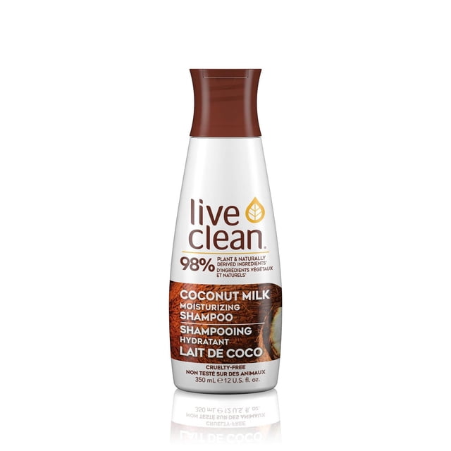 Live Clean Coconut Milk Moisturizing Shampoo in a white bottle with a brown flip-top cap, featuring 98% plant and naturally derived ingredients, cruelty-free formula, and 350 mL (12 U.S. fl. oz.) volume, designed to hydrate and nourish hair.