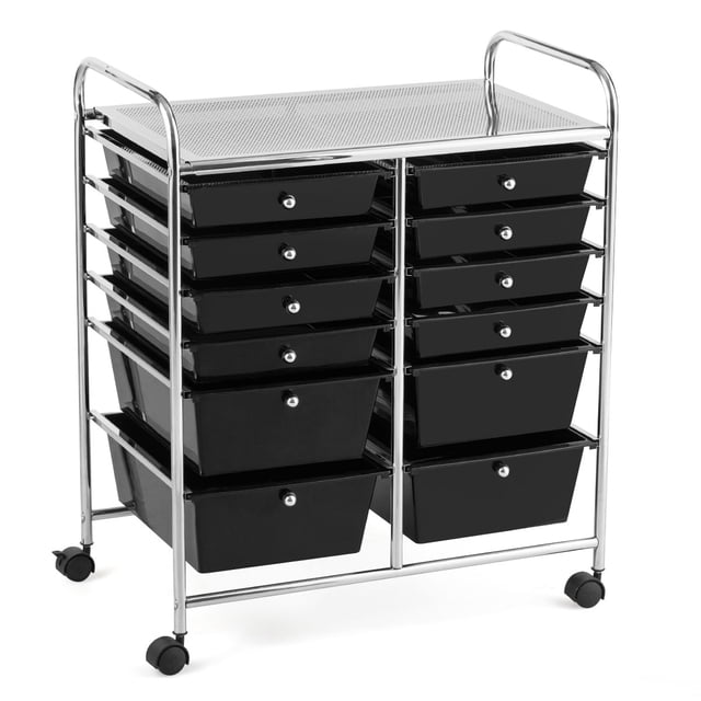 Costway Chariot Roulant à 12 Tiroirs pour Rangement de Scrapbooking et Papier, Bacs d'Organisateur d'Atelier en Noir, Conçu avec un Cadre Métallique Chromé durable et 12 Tiroirs en Plastique Amovibles (4 Grands, 8 Petits). Comprend de Hautes Poignées, Quatre Roulettes Pivotantes (Deux Verrouillages), et des Canaux de Tiroir Fluides pour une Mobilité et une Organisation Faciles. Convient comme Chariot Utilitaire Ou Rangement portable pour Fournitures d'Art, Articles de Bureau Ou Outils de garage.