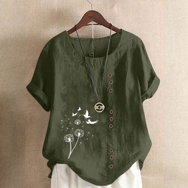 Liquidation Horkkom Chemises à Manches Courtes pour Femmes Été Grande Taille Chemises en Lin Décontractées Col Rond Imprimé Floral Blouses Amples