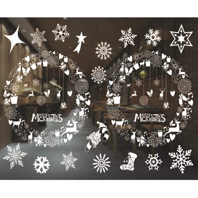 Happy Christmas Decorations Window Clings Wall Sticker Decals with Snowflake Snowman Santa Reindeer Star Christmas Tree and More Window Decals Clingsfor Home Office Party Decor (White Wreath)