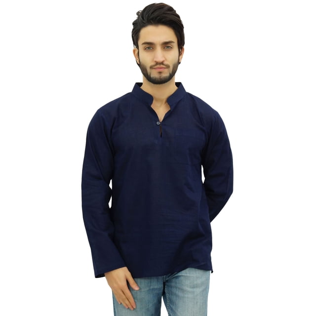 Atasi Kurta Court Bleu à Col Officier pour Homme en Coton, Tunique Décontractée - Petit