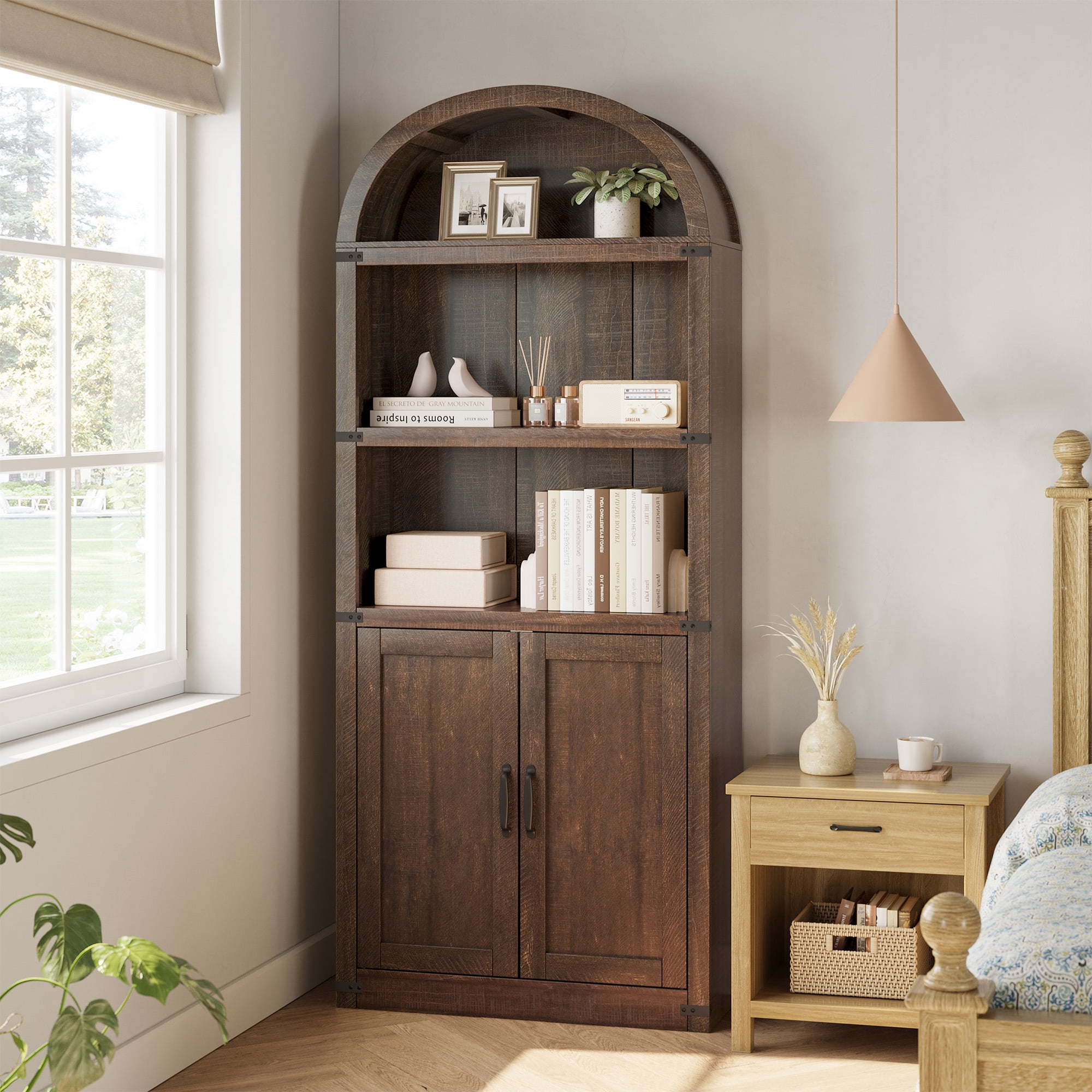 Garvee Arched Bookcase with Doors, Tall Farmhouse Bookshelf with 3-Tier Open Display Shelf and 2-Door Storage Cabinet, Brown Wooden Book Shelf for Living Room, Home Office or Bedroom