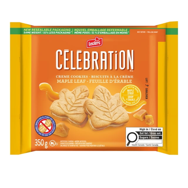 Lecl.Celeb.Maple Crem.Cook. 350g resealable package of Celebration maple leaf shaped creme cookies made with real maple syrup, featuring bilingual English and French text, highlighting high saturated fat and sugar content, ideal for every snacking occasion.