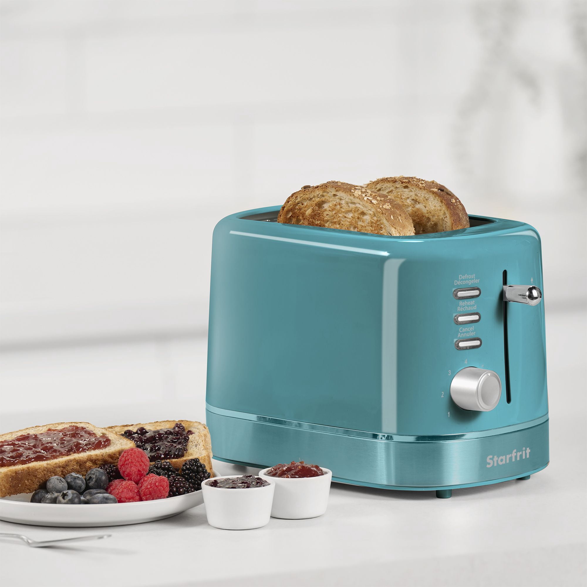 Starfrit Grille-Pain 2 Tranches, 2 Fentes Extra Larges, 7 Réglages de Brunissement, Fonctions Décongeler, Réchauffer & Annuler, 750W, Bleu Sarcelle