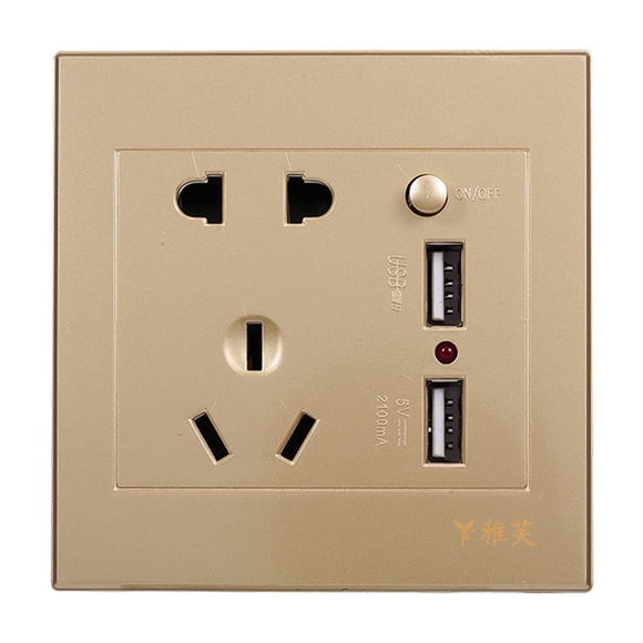 Mistaha Wall Switch Socket Panel with 5 Holes and USB Ports, USB Outlet with Switch, Gold Color, Easy Installation, Ideal for Home, Office, and Restaurant Use, Built-in Voltage Transformation, Dual