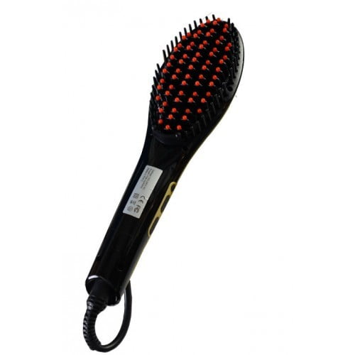 ABAA Brosse Lissante en Céramique, Vue de devant Centrée d'Une Brosse Palette en Céramique Noire avec des Poils Chauffants Très Près les uns des Autres, des Pointes Arrondies Anti-Brûlure, un Petit Affichage Numérique de la Température sur le Manche et un Cordon d'Alimentation visible sur Fond Blanc; Utilisée Souvent pour Démêler et Lisser les Frisottis Tout en Conservant du volume et Convient Aussi aux Retouches Rapides Lors des Voyages.